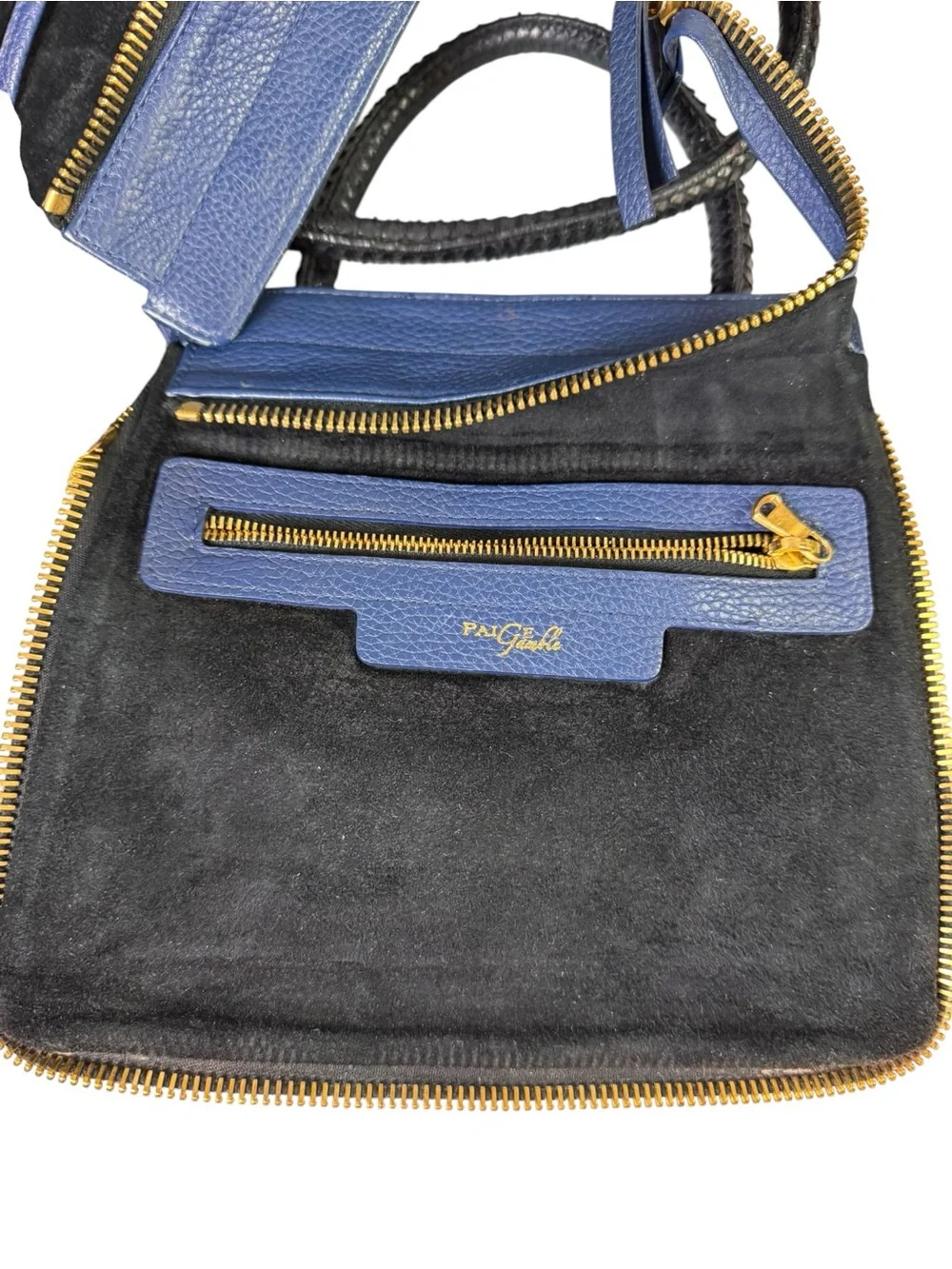 Paige Gamble Blakeley Blue Leather Black Python Exotic Zipper Satchel Tote Bag